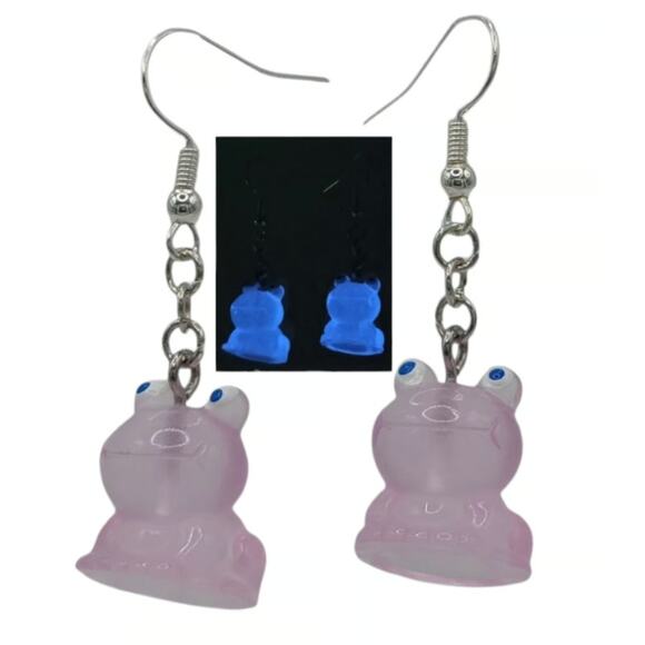 Purple Glow in the Dark Frog Earrings Resin Dangle Earrings Cute Animal Jewelry - Picture 1 of 2